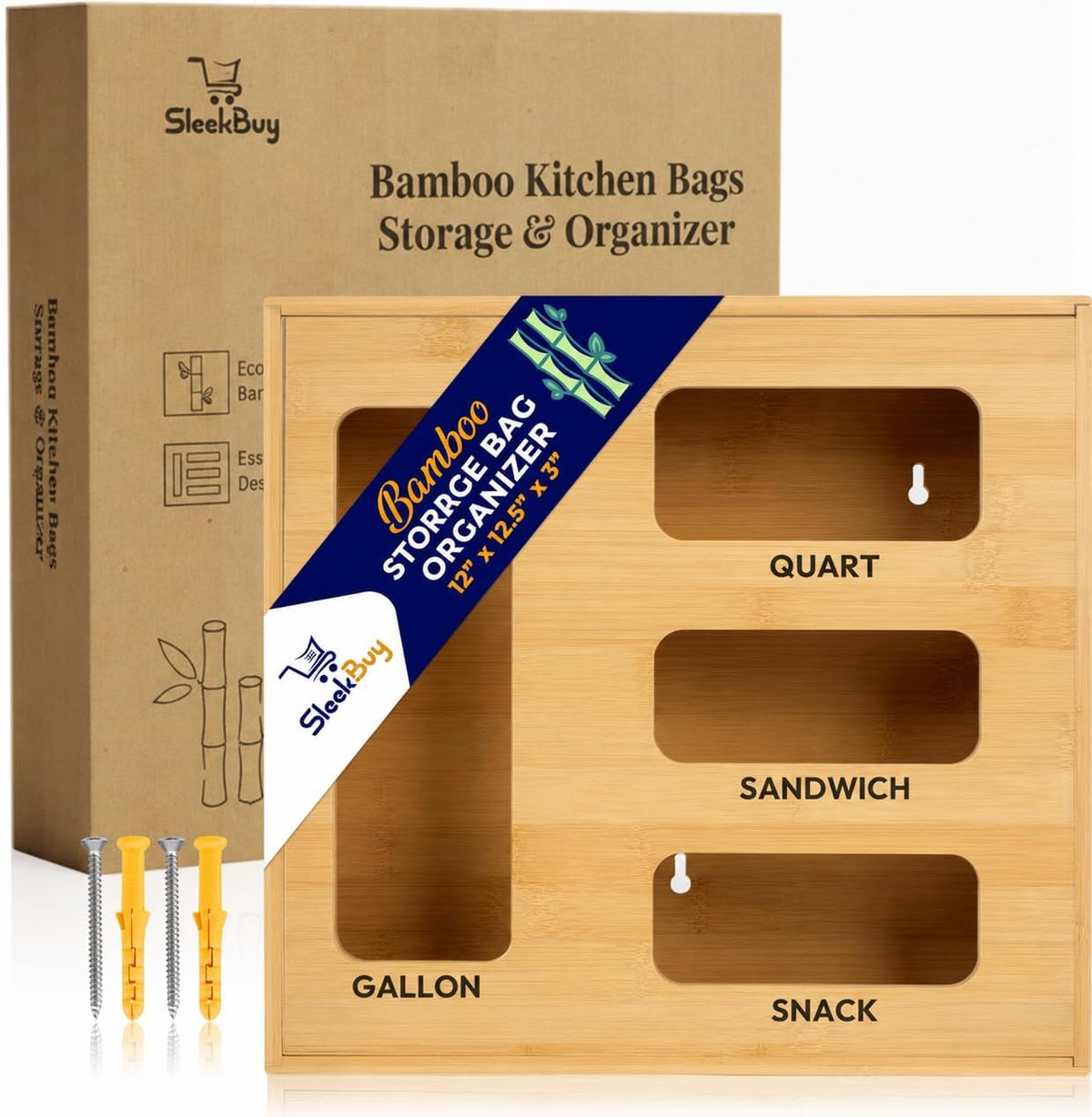 Storage Bag Organizer for Kitchen Drawer, Bamboo Bag Storage with 4 Slots, Plastic Bag Holder with Laser Engraved Labels & Screws, Space-Saving Kitchen Essential for Pantry, Apartment, and Home Use