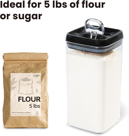 Felli Flip Tite Storage Container with Built-In Spoon & Airtight Lid 5” Large-M Ring Flip Top, Stackable Acrylic Canister for Sugar Flour Powder, Kitchen Pantry Organizer (1.8qt), 2 spoons