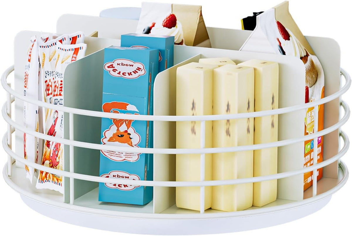 Snack Organizer - Versatile Snack Storage 2 Tier Lazy Susan with Convenient Grab-and-Go Design, Wood and Metal Snack Holder for Home, Office, Breakroom, 12.13" L x 12.13" W x 12.56" H