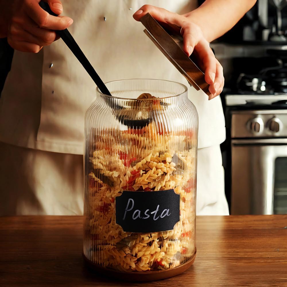 SAIOOL 2-Pack Striped Borosilicate Glass Airtight Canisters - Big mouth Large Capacity, Acacia Wood Lid, Food Storage Jars for Flour, Pasta, Pantry Organization (1/2 Gallon （Yellow Press lid 2 pack）)