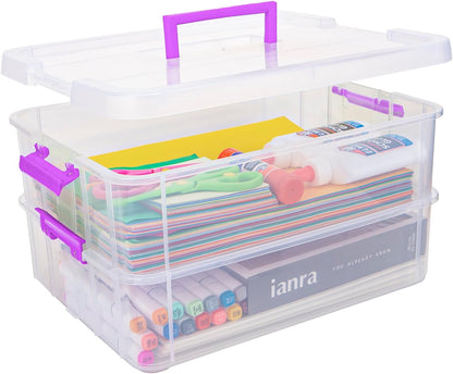 TERGOO 2 Layer Plastic Storage Containers with Lids, Multipurpose Clear Stack & Carry Box, Portable Craft Organizers and Storage Bin for Organizing Art & Craft, Sewing, Makeup, Nail Supplies (Blue)