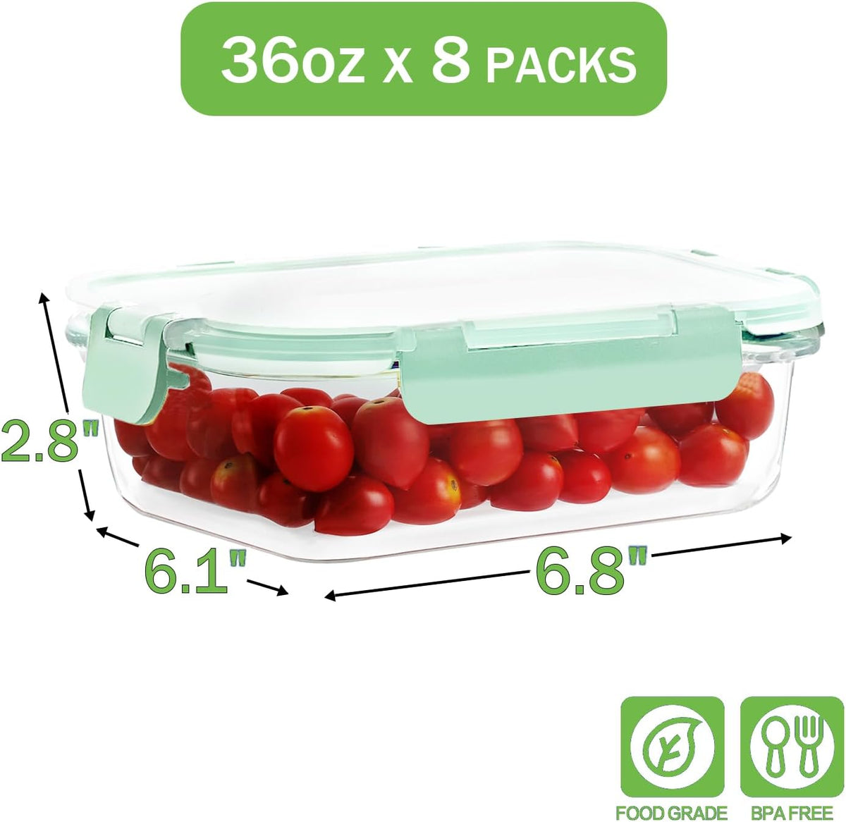 36oz Large Glass Meal Prep Containers with lids, Glass Food Storage Containers with Leak Proof Snap Lock Lids, Airtight Bento lunch Boxes, Kitchen Storage, Oven, Freezer and Dishwasher Safe