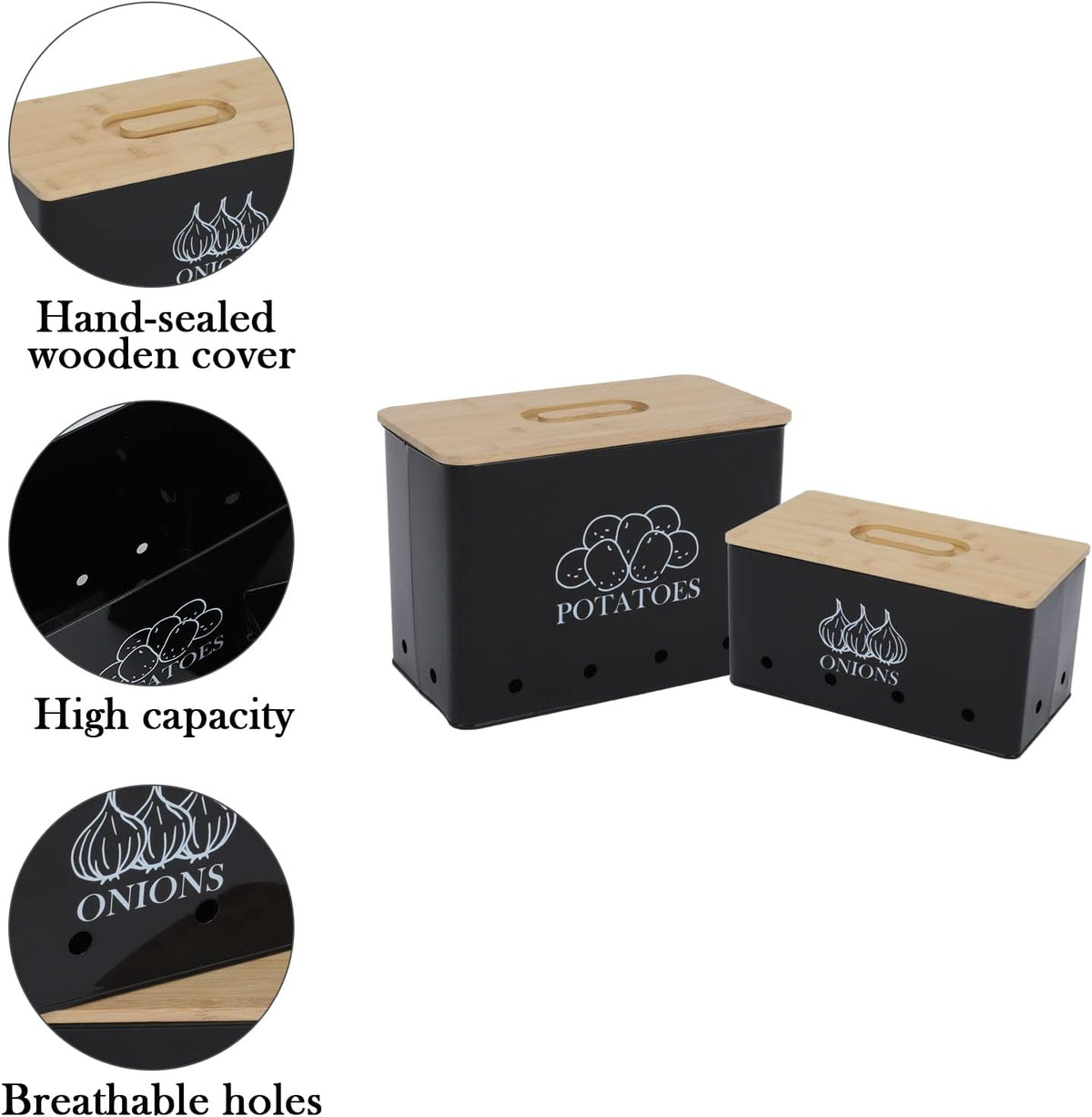 Potato Onion Storage Box, Food Container Sets, Storage Canisters for Vegeatables, Set of 2 Jars Pots Containers, Potato & Onion Bin with Aerating Tin Storage Holes & Bamboo Lid-White