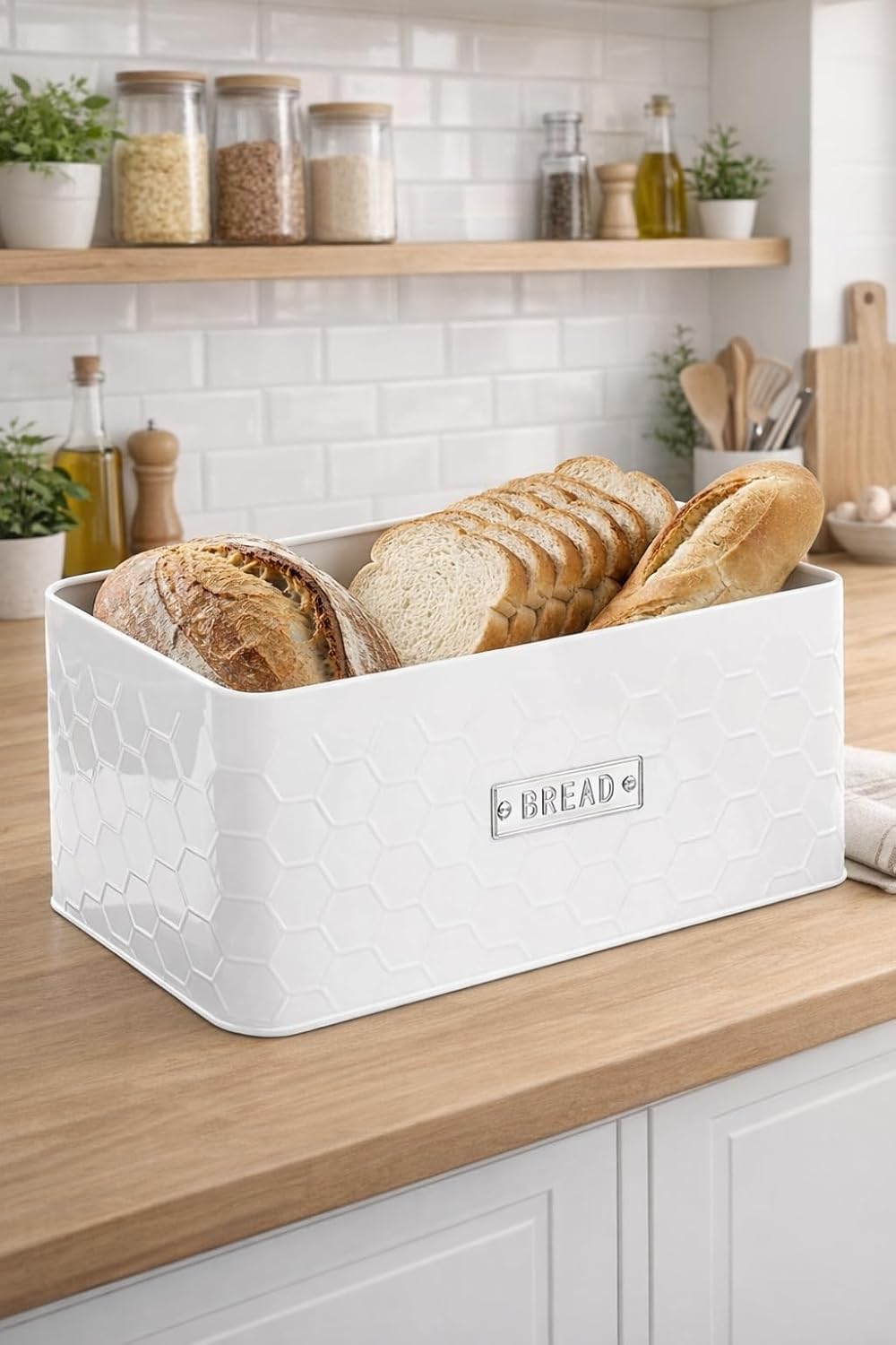vensovo Bread Box for Countertop – Large White Metal Bread Bin with Bamboo Cutting Board Lid, Farmhouse Bread Storage Container for Homemade Bread, Baked Goods & Kitchen Counter Organization
