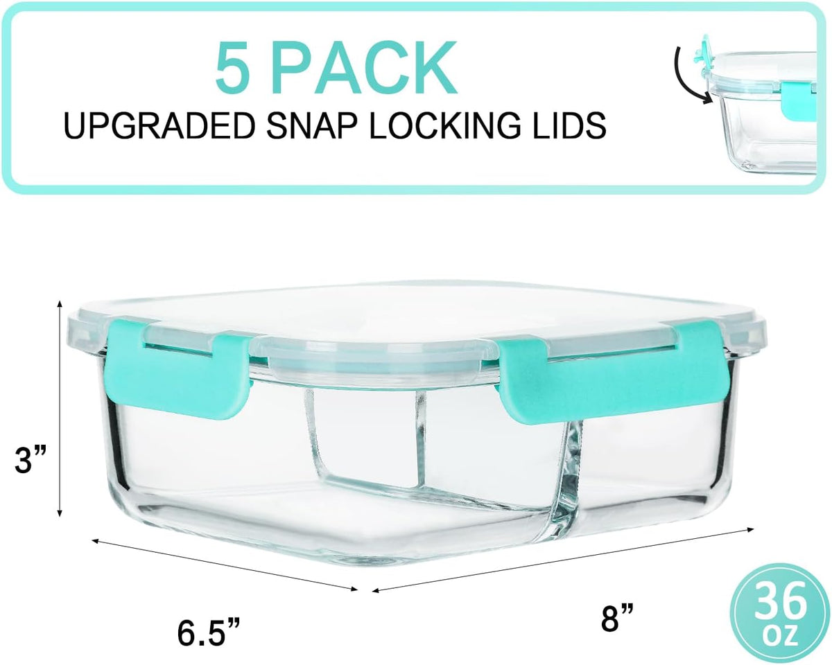 M MCIRCO [5-Pack, 36 oz] Glass Meal Prep Containers 3 Compartment with Lids, Glass Lunch Containers,Food Prep Lunch Box,Bento Box,Microwave, Oven, Freezer, Dishwasher (4.5 Cups)