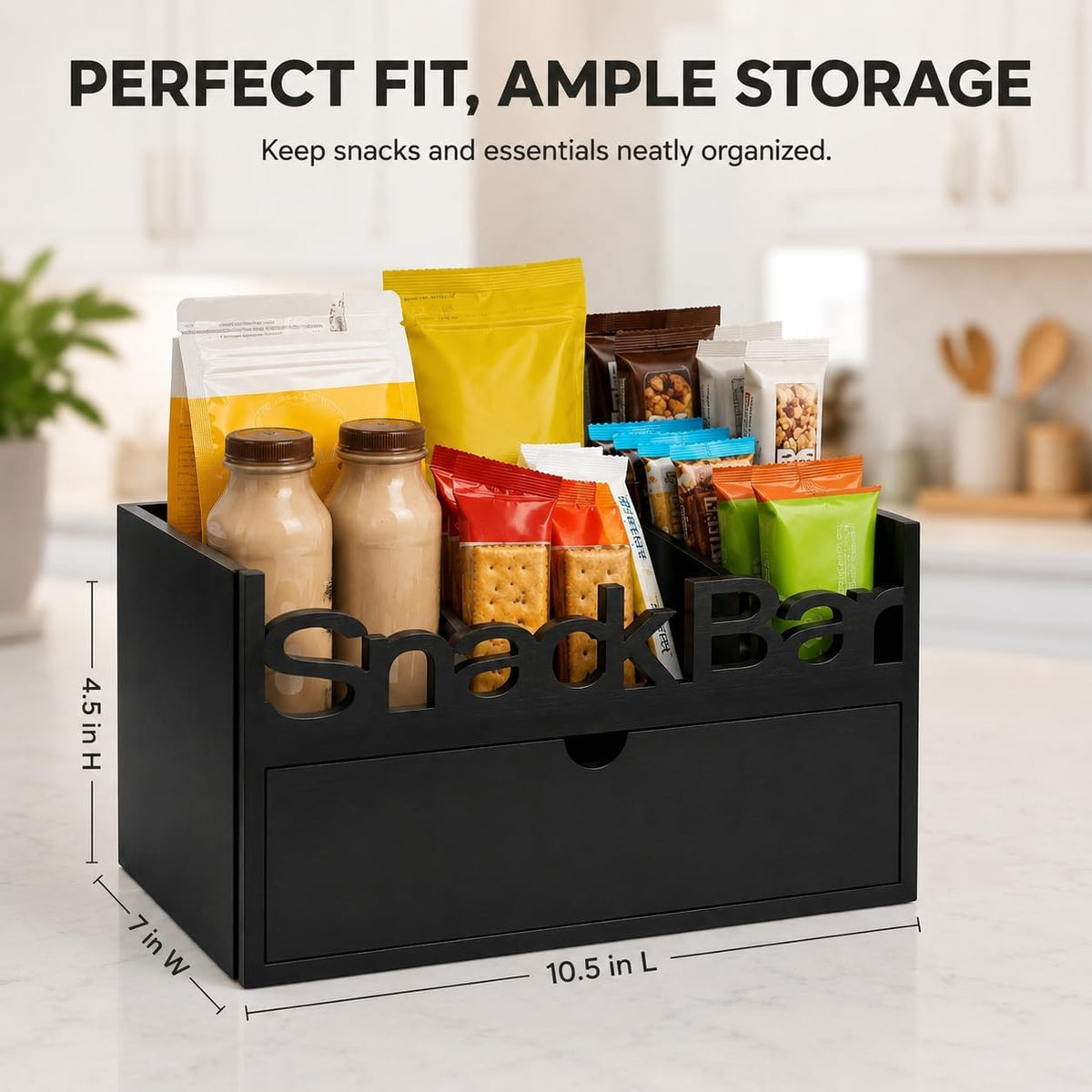 Snack Bar Organizer – Black 5 Compartment Station, Countertop Pantry Organizer for Kitchen, Office Food Holder, Candy Storage Bin, Display Stand, Cabinet Tray & Shelf