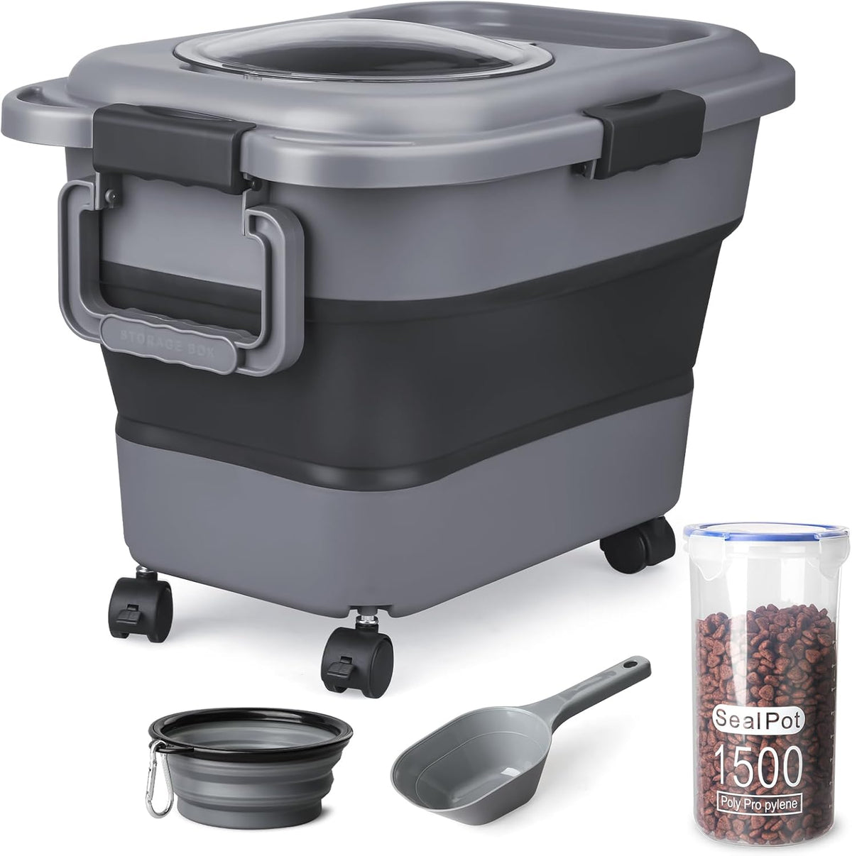 Dog Food Storage Container，10-25 lbs Airtight Collapsible Cat Food Storage Container with Attachable Wheels, Portable Handle, Dog Food Scoop for Dog Cat Bird Pet Dry Food Storage Bin Dark Grey
