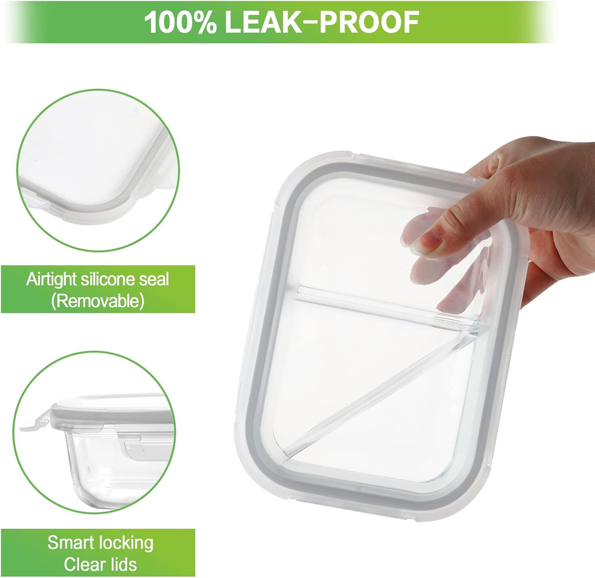36oz Large Glass Meal Prep Containers with lids, Glass Food Storage Containers with Leak Proof Snap Lock Lids, Airtight Bento lunch Boxes, Kitchen Storage, Oven, Freezer and Dishwasher Safe