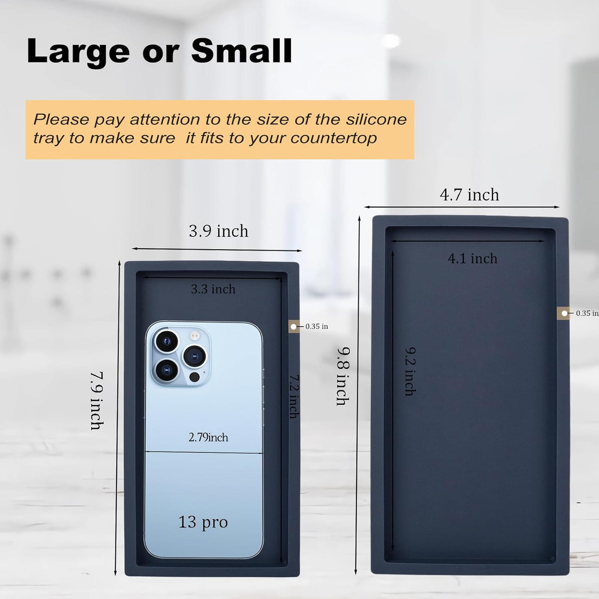 Small Silicone Bathroom Vanity Tray Rectangle Soap and Sponge Holder Kitchen Sink Organizer for Scrubber, Lotion Bottles, Perfume, Jewelry, Candle, Key Trinket Ring, Black