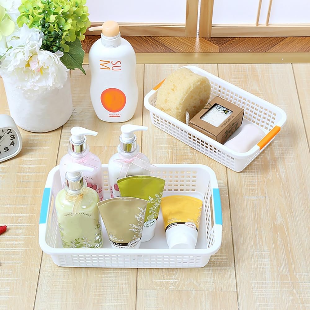 Lawei 8 Pack Large Plastic Storage Basket with Handle - 15 x 10 x 3 Inch Pantry Organizer Basket Bins Desktop Paper Storage Basket for Organization, Countertops, Cabinets, Bedrooms, Bathrooms