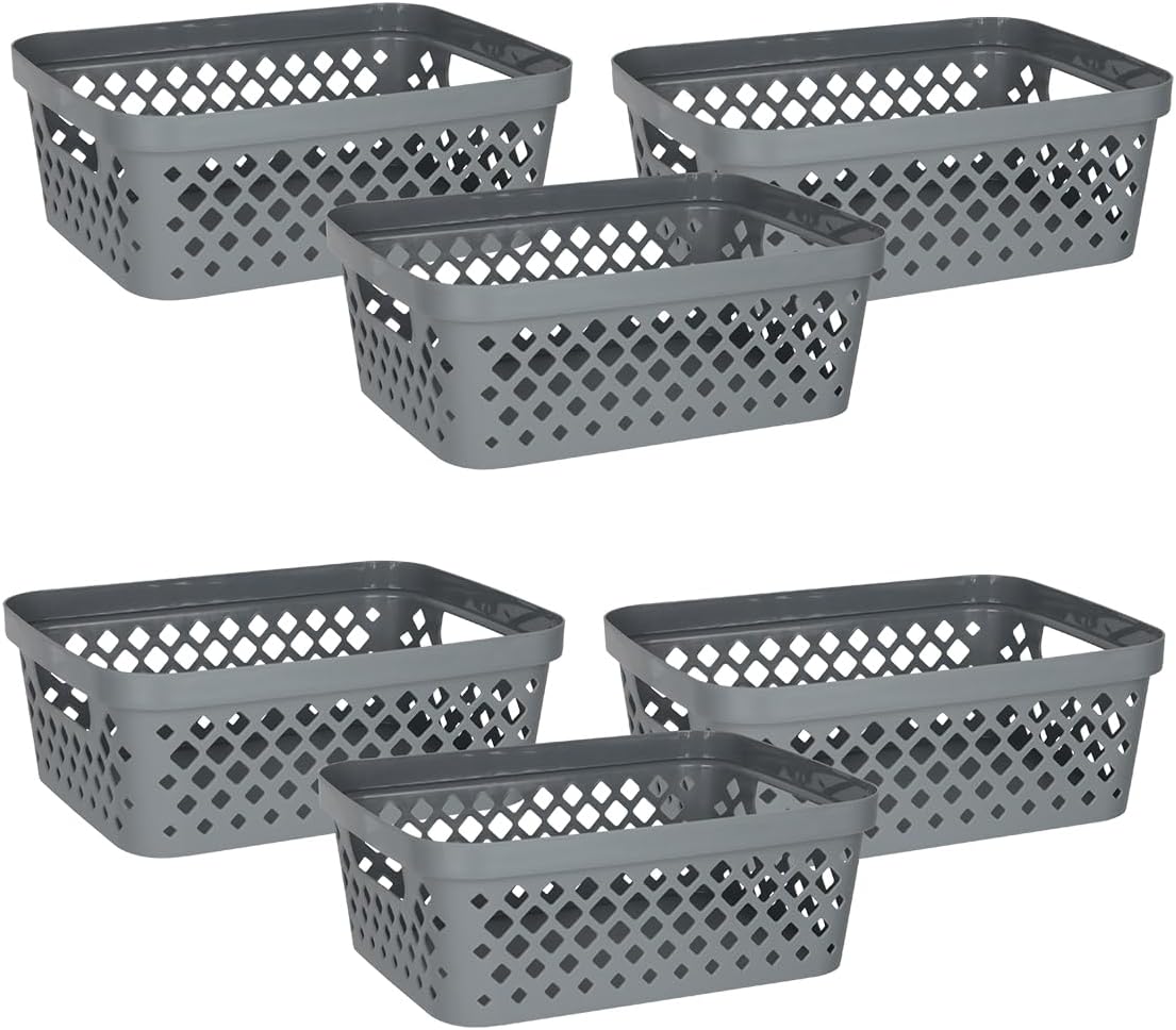 Glad Plastic Baskets for Organizing, Set of 6 | Pantry Storage for Under Counter, Linen Closet, and Bathroom | Nesting Shelf Bins with Handles, 1 Gallon, Grey