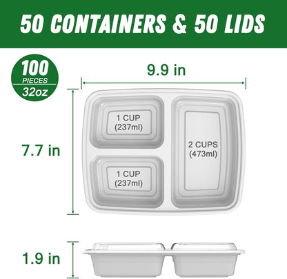 50 Pack (100-Piece) 32 oz Meal Prep Containers Reusable with Lids 3-Compartment, To Go Take Out Plastic Food Storage Containers, Sturdy Leakproof Food Safe, Microwave Freezer Dishwasher Safe, Black