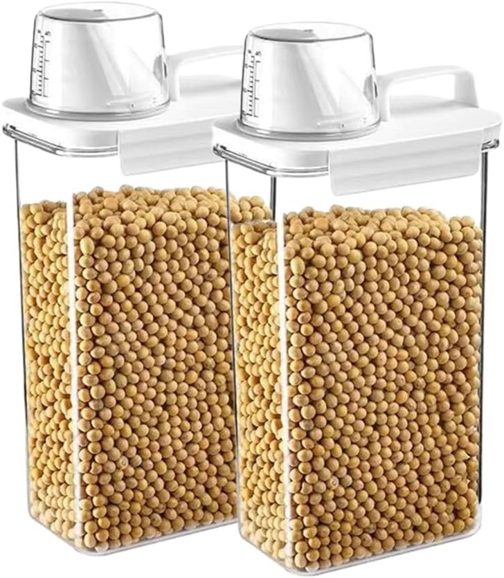 2Pcs Rice Dispenser Storage Containers, 1.1L Small Rice Bucket with Measuring Cup & Pour Spout, Kitchen Plastic Airtight Container for Cereal, Grain, Flour, Sugar, Oatmeal, Dry Pet Dog Food
