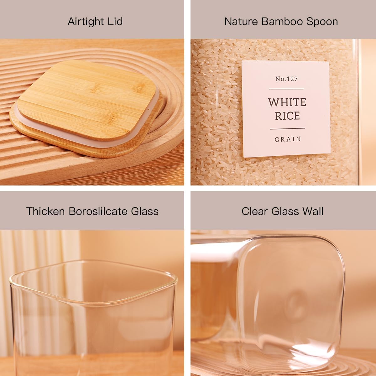 CZZGSM 2 Pack Square Glass Flour and Sugar Containers with 132 Kitchen Pantry Labels - Thicken 149 FL OZ Large Glass Storage Jars with Airtight Bamboo Lid - Big Food Canisters for Rice, Pasta, Cookie