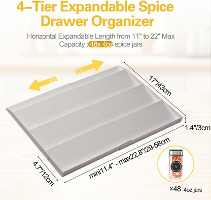 GOENDR Metal Spice Drawer Organizer, 4 Tier Spice Rack for Drawer, Expandable Seasoning Organizer For 11.4-22.8” Wide Drawer, Holds up to 48 Spice Jars (Not Included), White