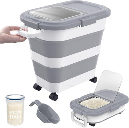 HOYTAMDA 25-35Lbs Rice Container,Collapsible Airtight Food Storage Containers with Wheels,Handle,Rice Storage Container with Small Bin and Scoop,Rice Dispenser for Flour Sugar Cereal Grain Dog Cat