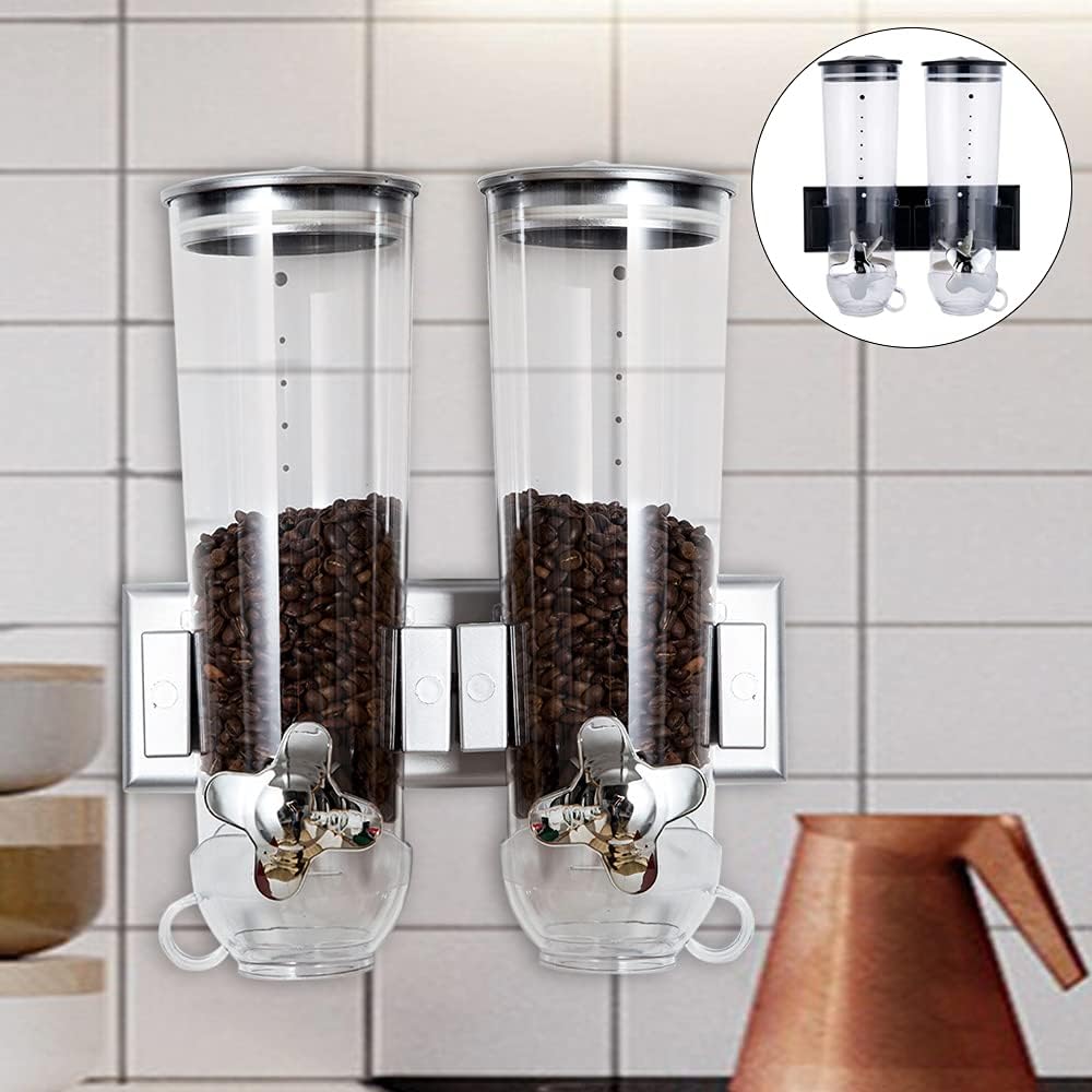 2 Pack Cereal Dispensers,Cereal Containers Storage,Wall-mounted Food Dispenser,Large Capacity Candy Dispenser,Convenient Storage Dual Control for Candy Oatmeal Coffee Bean Nuts (Silver)
