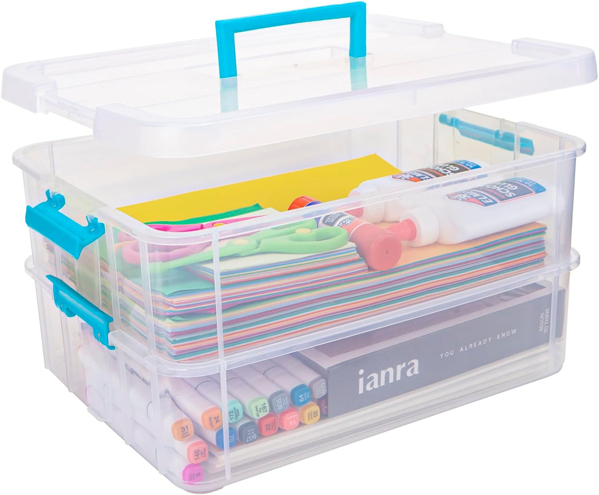 TERGOO 2 Layer Plastic Storage Containers with Lids, Multipurpose Clear Stack & Carry Box, Portable Craft Organizers and Storage Bin for Organizing Art & Craft, Sewing, Makeup, Nail Supplies (Blue)