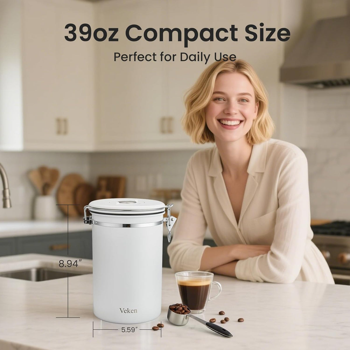 Veken Coffee Canister, 39OZ Large, Mothers Day Gifts For Women, Airtight Stainless Steel Food Storage Container for 2.2lbs Coffee Beans, Ground, Sugar, Tea, Flour, Cereal,Kitchen Bar Accessories,Cream