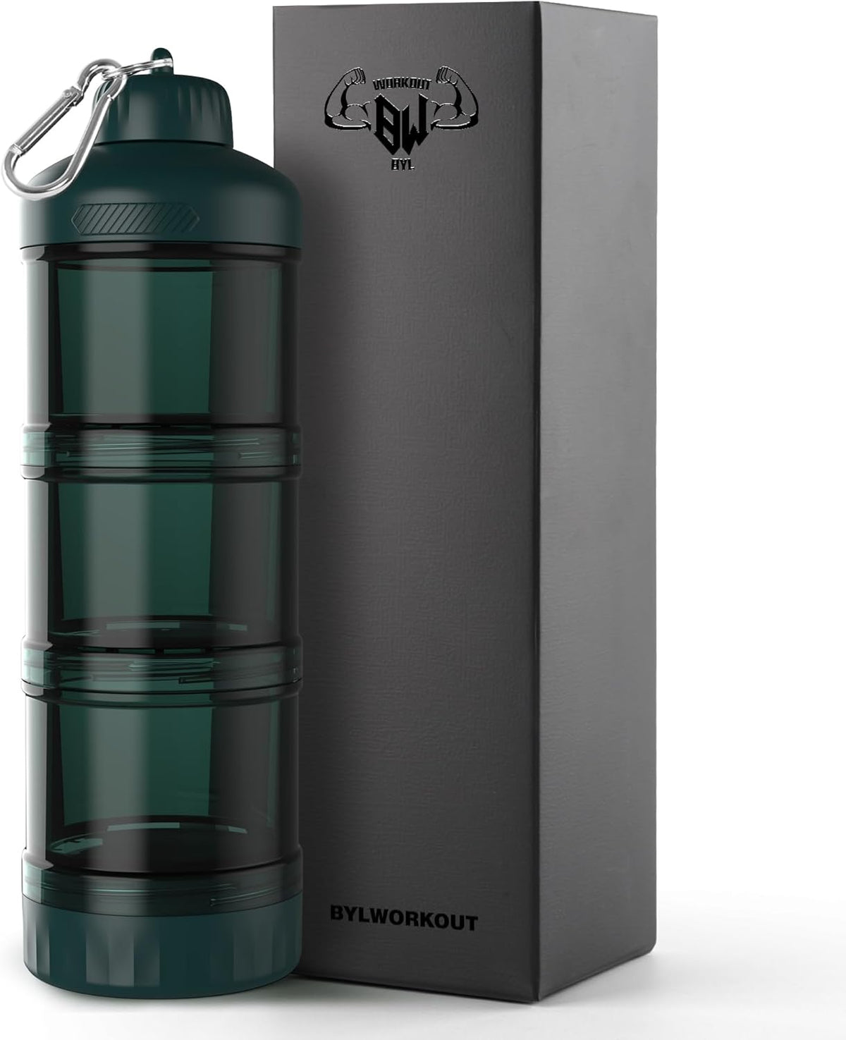 BYLWORKOUT 3-Layer Protein Powder Travel Container with Funnel and Keychain | Portable Food Storage Organizer for Gym, Fitness, Kitchen, Camping, Hiking, and Travel (Emerald Green)