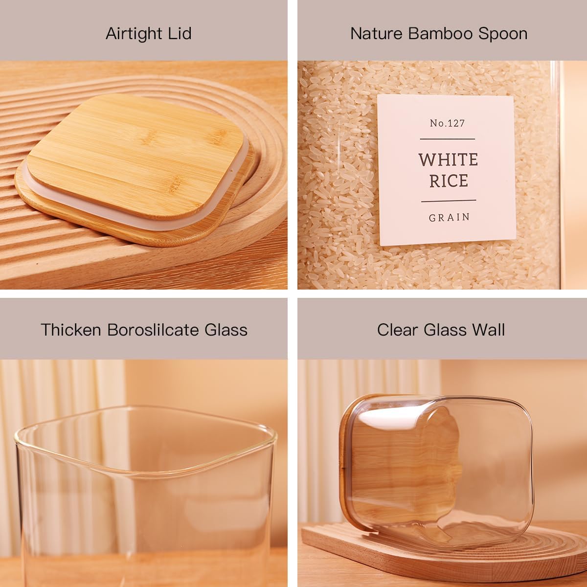 CZZGSM 2 Pack Square Glass Flour and Sugar Containers with 132 Kitchen Pantry Labels - Thicken 149 FL OZ Large Glass Storage Jars with Airtight Bamboo Lid - Big Food Canisters for Rice, Pasta, Cookie