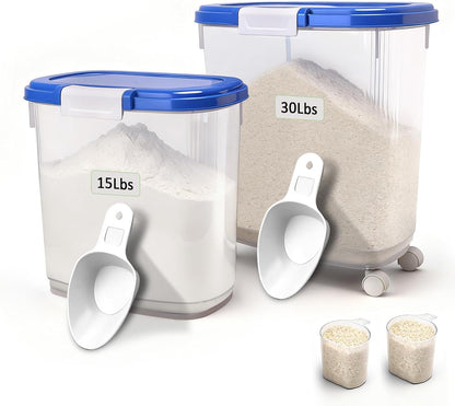 Large Rice Storage Container 15-20 Lbs, Tall Flour Container with Scoop + Cup - Slim Dry Food Storage Bin for Cereal, Sugar, Beans, Pet Dog Cat Food Container - Kitchen and Pantry Storage Organization