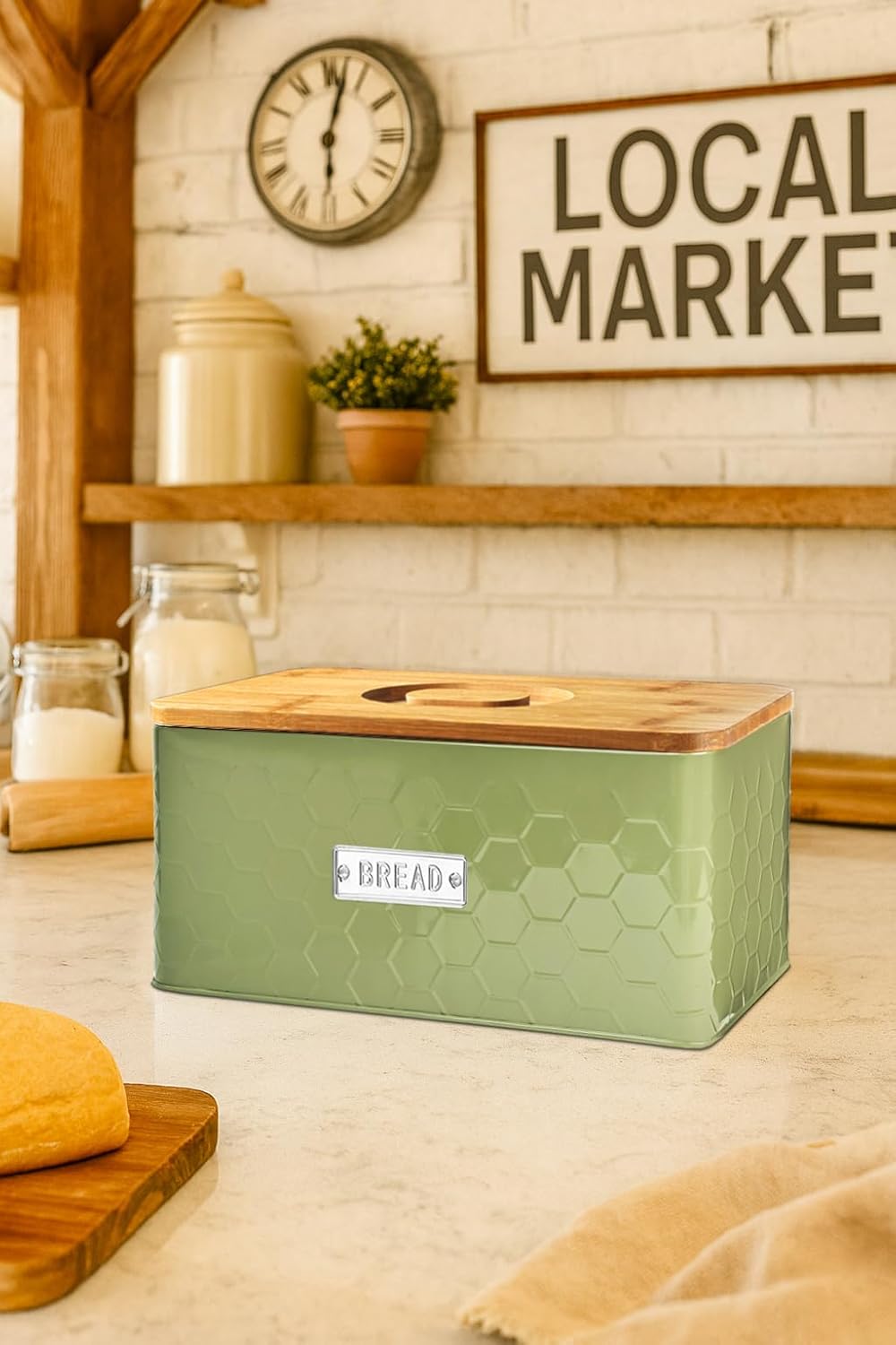 vensovo Bread Box for Countertop – Large White Metal Bread Bin with Bamboo Cutting Board Lid, Farmhouse Bread Storage Container for Homemade Bread, Baked Goods & Kitchen Counter Organization