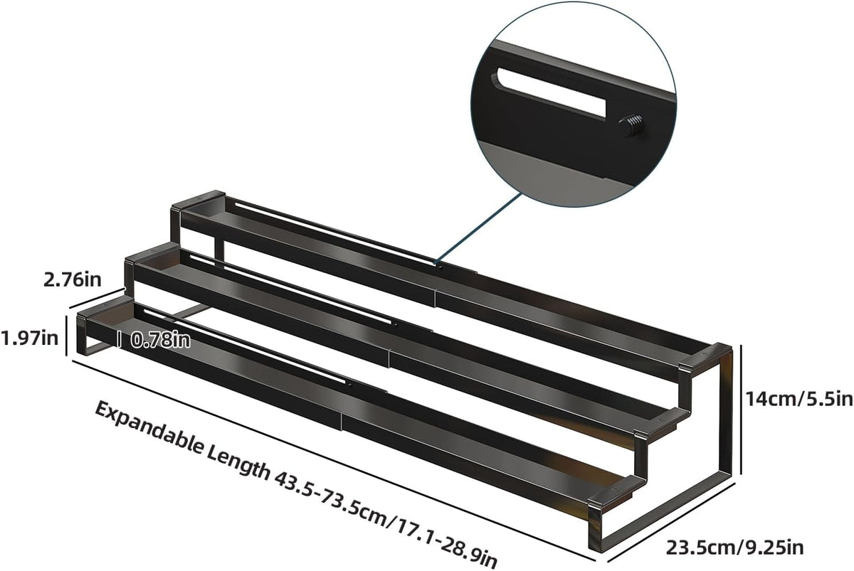 3 Tier Expandable Spice Rack Organizer, Heavy-Duty Black Metal Seasoning Organization Shelf for Cabinet, Kitchen & Pantry, Tiered Spice Shelf With Safety Lock, For Jars & Bottles, Countertop Storage