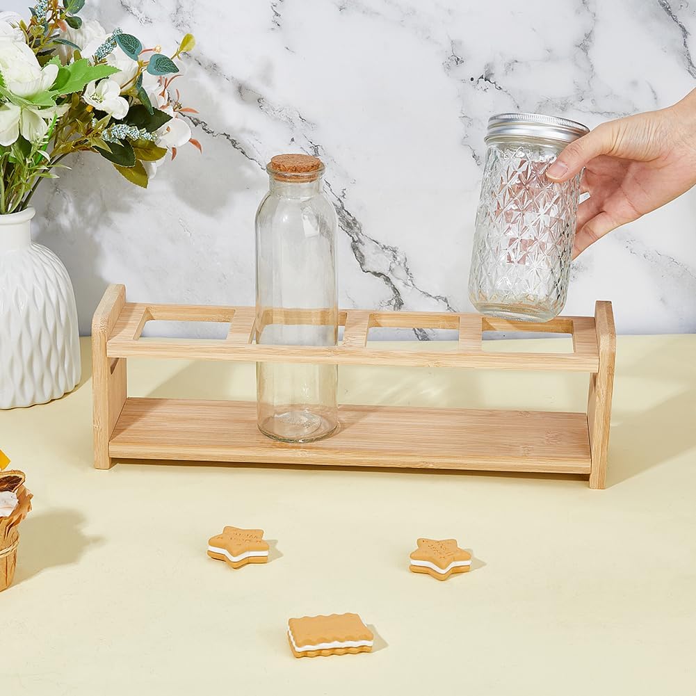 SUPERFINDINGS 4 Holes Wooden Kitchen Spice Bottle Organizer Rack 35.2x8x11cm Rectangle Slot Oil Vinegar Bottle Storage Display Rack Minimalism Kitchen Dispenser Olive Jar Standing Shelf Rack