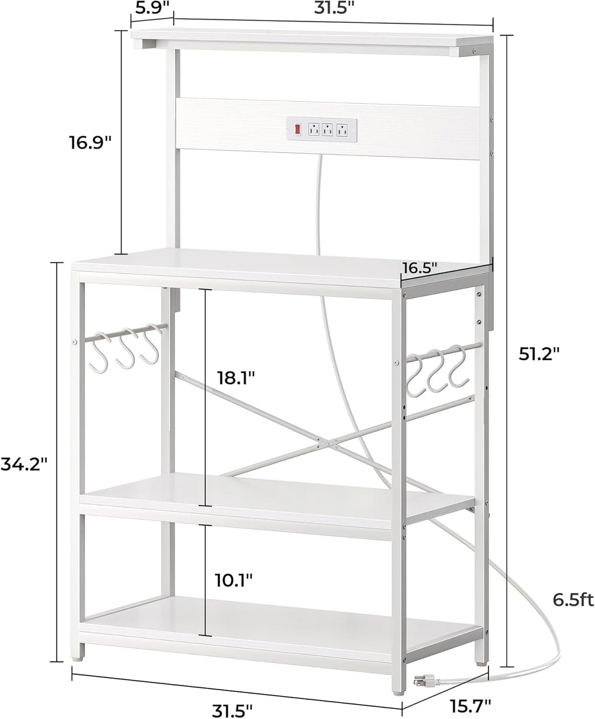 SUPERJARE Kitchen Bakers Rack with Power Outlet, Coffee Bar Table 4 Tiers, Kitchen Microwave Stand with 6 S-shaped Hooks, Storage Shelf Rack for Spices, Pots and Pans - Rustic Brown