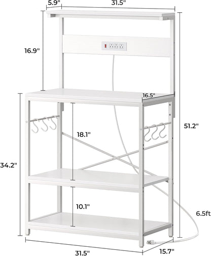 SUPERJARE Kitchen Bakers Rack with Power Outlet, Coffee Bar Table 4 Tiers, Kitchen Microwave Stand with 6 S-shaped Hooks, Storage Shelf Rack for Spices, Pots and Pans - Rustic Brown