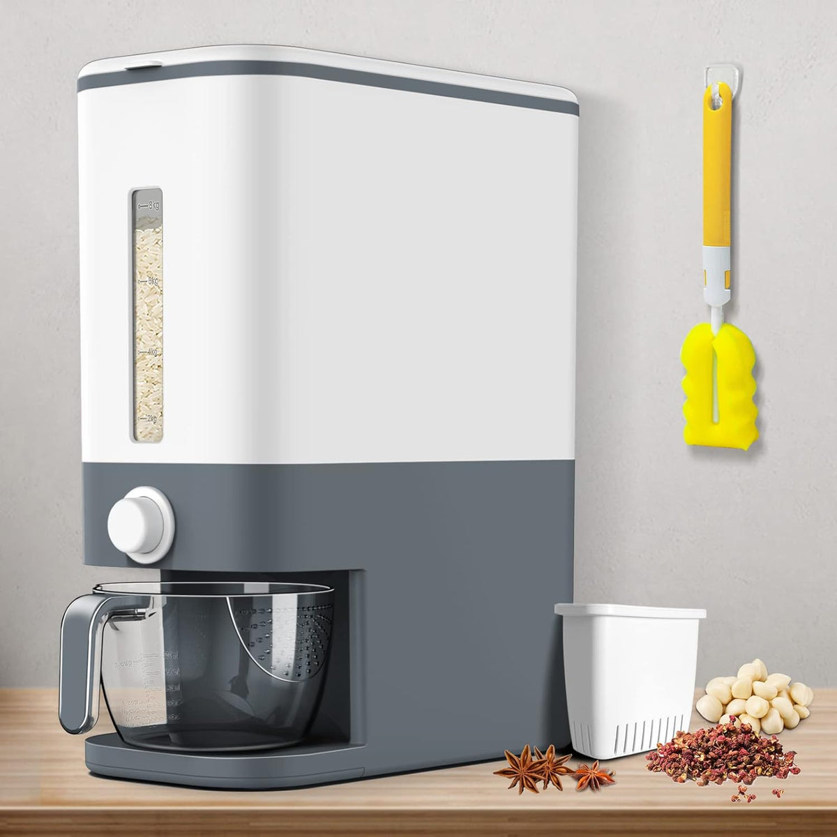 VenDotbi Rice Dispenser, 22-25 Lbs Rice Container with Measuring Cup, Upgraded Built-in Fresh Box, Cereal Dispenser Storage with Lids for Home Kitchen Pantry Rice Soybean Corn-Grey