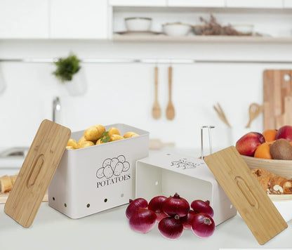 Potato and Onion Storage Bin Set of 2, Vented Metal Vegetable Storage with Wooden Lids, Farmhouse Kitchen Canisters for Countertop Pantry Organizer, Potato Bin Onion Holder for Produce Storage, Black