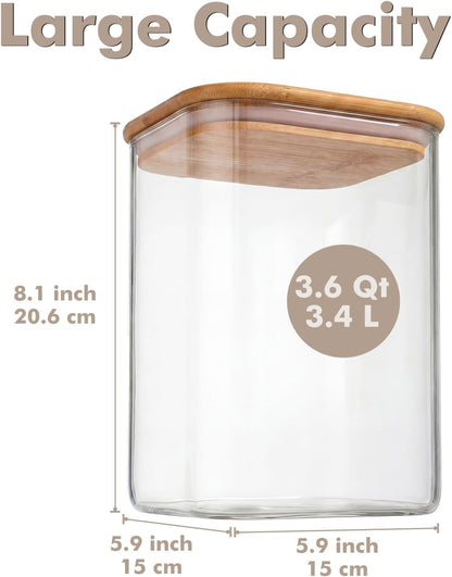 3-Pack 2.2Qt Square Glass Spaghetti Jars with Bamboo Lids, Tall Food Storage Containers for Pantry Organization, Elegant Kitchen Storage Canister for Pasta, Penne, Macaroni, Lasagna, Fusilli