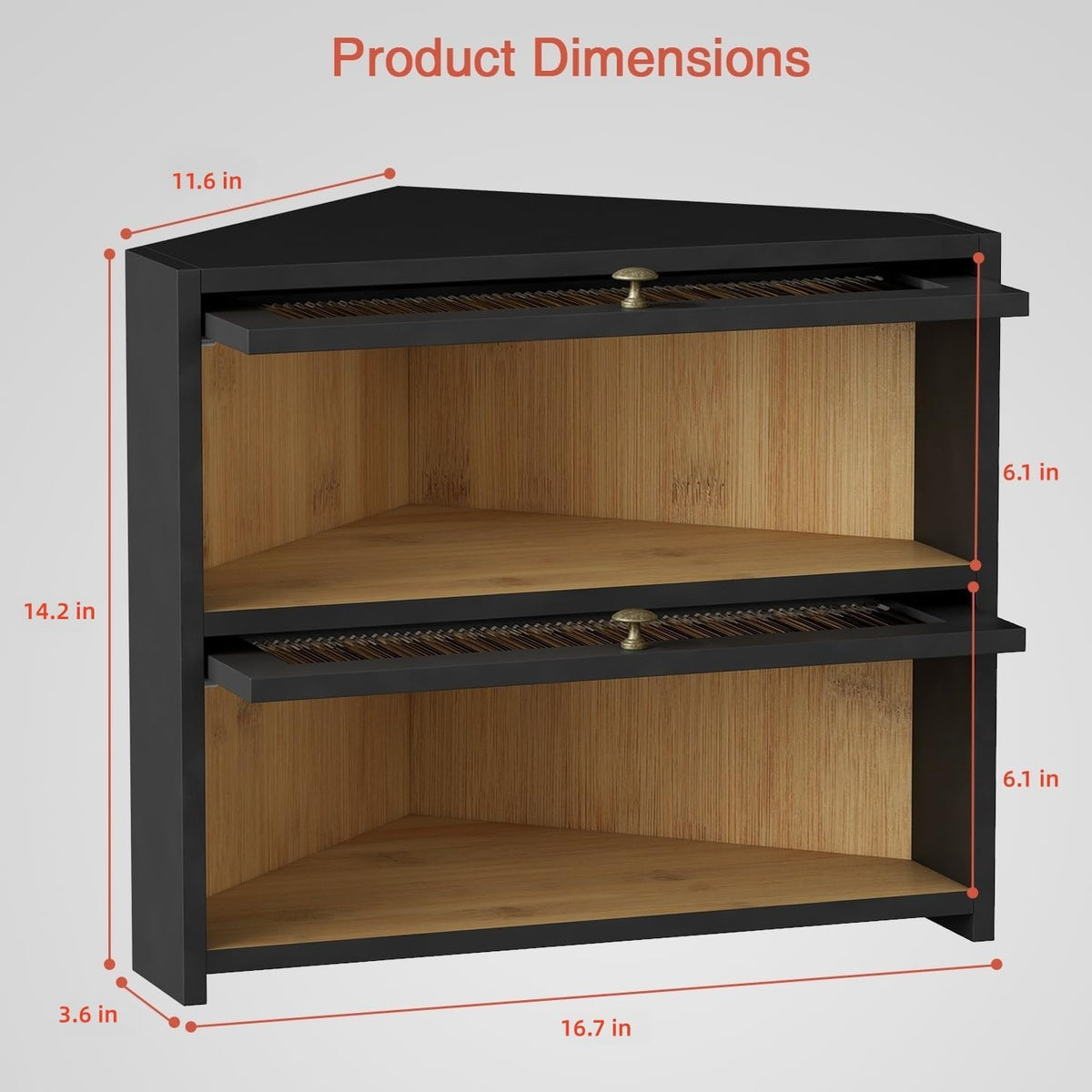 Goozii Corner Bread Box for Kitchen Countertop, Double Layer Large Breadbox for Counter Top, 2 Tier Wooden Farmhouse Homemade Bread Storage Container Holder Keeper for Cabinet (Black Bamboo Wood)