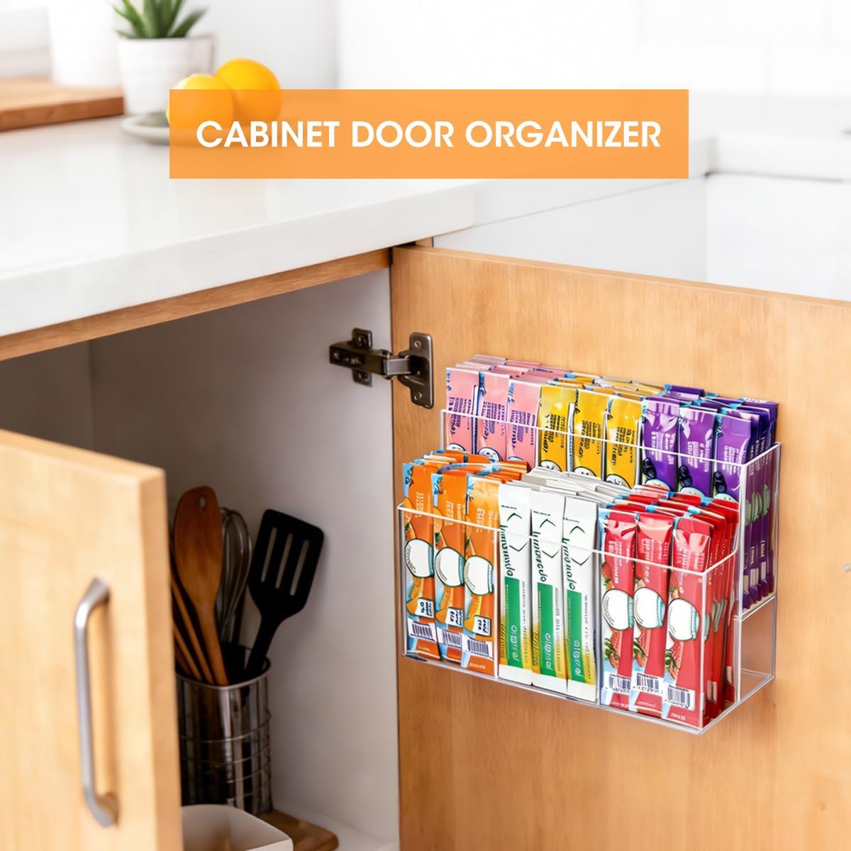 AIEVE Magnetic Drink Packet Organizer, 2-Tier Fridge Organizer Cabinet Door Holder, Acrylic Water Packet Holder for Kitchen Fridge Organizers and Storage (Magnetic & Adhesive)