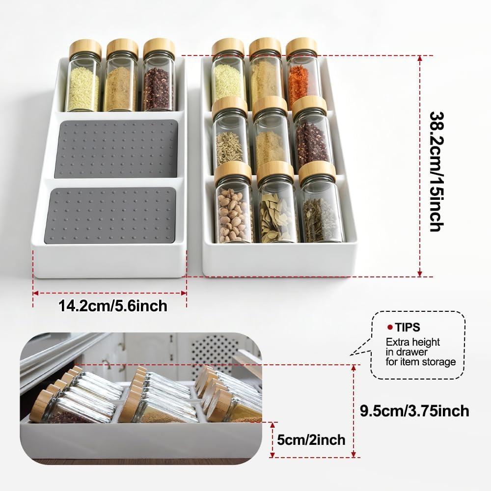 Spice Drawer Organizer,Silicone Seasoning Jar Drawer Insert,Spice Rack Organization for Drawer,Spice jar holder for drawer,Kitchen Spice Rack Tray for Cabinet Countertop Makeup Storage