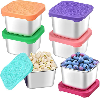 HTEVW 6Pack 6oz Stainless Steel Snack Containers for Kids, Easy Open Leak Proof Metal Toddler Snack Containers with Silicone Lids, Stackable Metal Toddler Lunch Box for Daycare, School and Travel