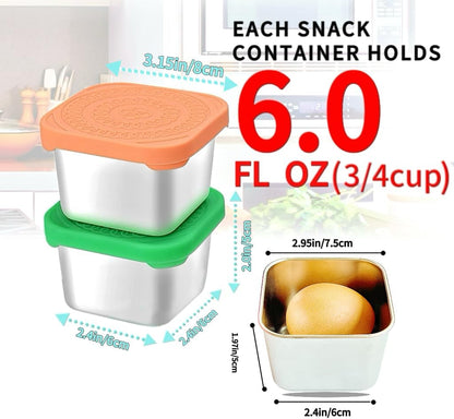HTEVW 6Pack 6oz Stainless Steel Snack Containers for Kids, Easy Open Leak Proof Metal Toddler Snack Containers with Silicone Lids, Stackable Metal Toddler Lunch Box for Daycare, School and Travel