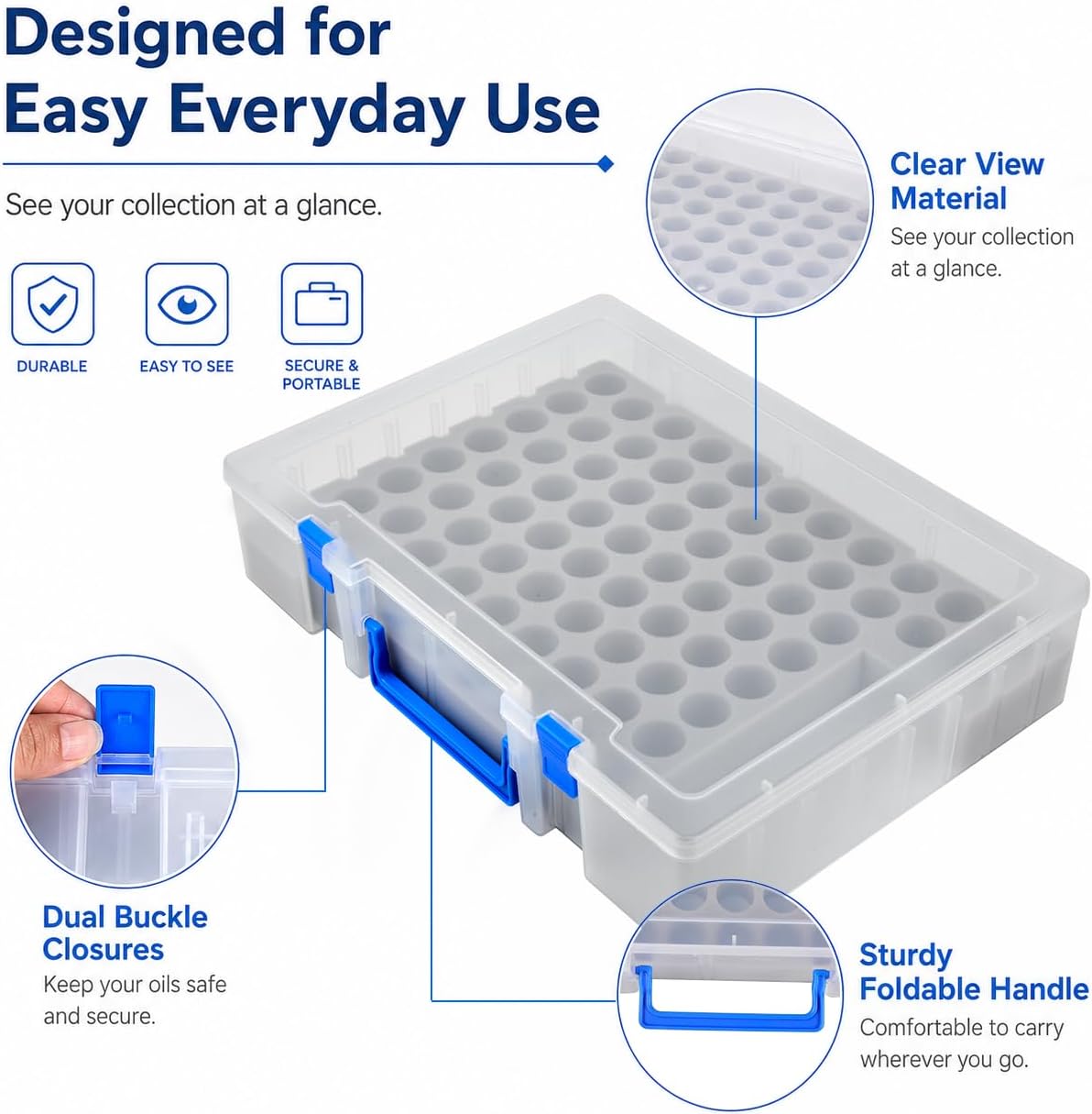 ALCYON Essential Oil Storage Case for 75 Bottles, Clear Plastic Organizer Box for 5ml 10ml 15ml Bottles, Essential Oils Bottle Holder with Removable Foam Insert, Stickers, Opener, Funnels & Pipettes