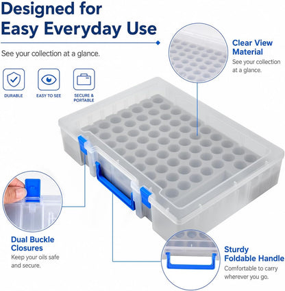 ALCYON Essential Oil Storage Case for 75 Bottles, Clear Plastic Organizer Box for 5ml 10ml 15ml Bottles, Essential Oils Bottle Holder with Removable Foam Insert, Stickers, Opener, Funnels & Pipettes