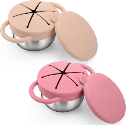 BUSOHA 2 Pack Stainless Steel Toddler Snack Cups - 9 OZ Spill-Proof Baby Snack Containers with Silicone Catcher and Lid Travel Snack Containers for Kids Food Grade Silicone Dishwasher Safe
