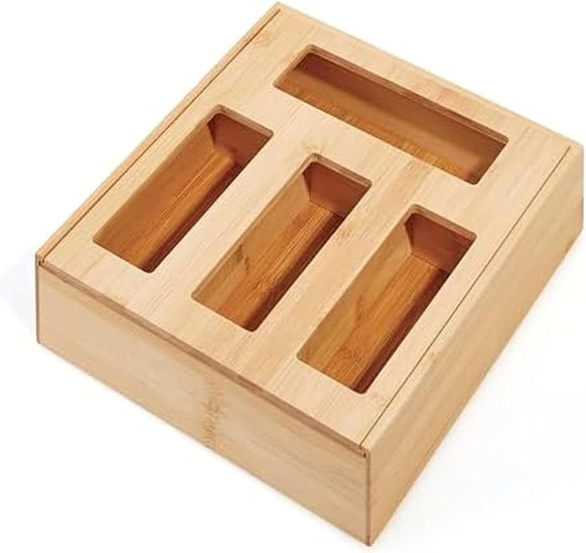 Copco In Drawer or Mounted 4 Compartment Organizer for Plastic, Foil, Wax and Parchment Paper featuring Easy Slide Tabs for Perfect Cut, With 21 Customizable Labels, Bamboo, 13.3 x 11 x 3 Inch