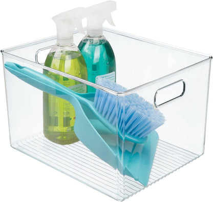 mDesign Plastic Deep Kitchen and Pantry Organizer Storage Bin with Handles for Cabinet, Fridge, Freezer - Food Storage Containers for Snacks, Yogurt Pouches or Fruit, Ligne Collection, 4 Pack, Clear