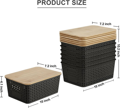 Bagnizer Small Plastic Storage Bins with Bamboo Lids 5.2qt Stackable Box Basket Pantry Decorative Containers Cute with Labels for Organizing Desktop Closet Office Cream White of 10*7.2*4.1"