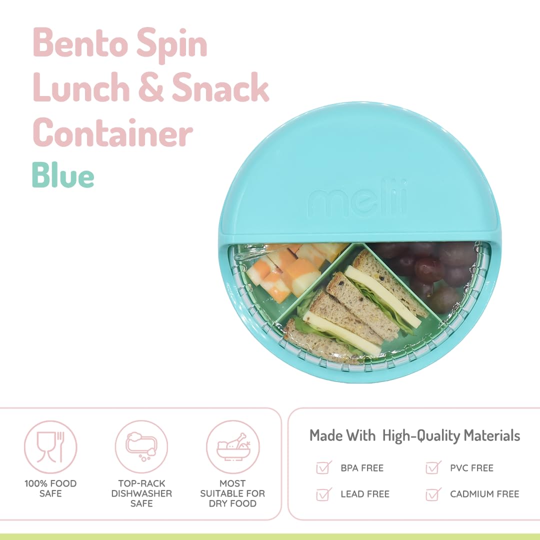 melii Spin Snack Container | 3-Compartment Rotating Snack Box with Sliding Window, BPA-Free, Dishwasher Safe, Portable Snack Container for Kids Ages 3+ (Blue)