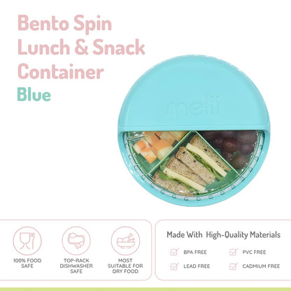 melii Spin Snack Container | 3-Compartment Rotating Snack Box with Sliding Window, BPA-Free, Dishwasher Safe, Portable Snack Container for Kids Ages 3+ (Blue)