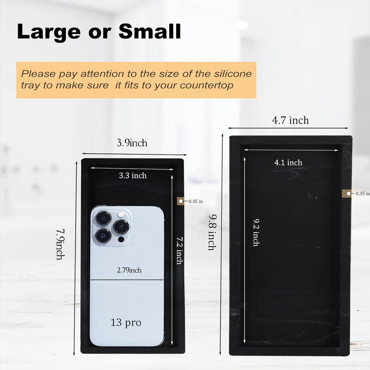 Small Silicone Bathroom Vanity Tray Rectangle Soap and Sponge Holder Kitchen Sink Organizer for Scrubber, Lotion Bottles, Perfume, Jewelry, Candle, Key Trinket Ring, Black