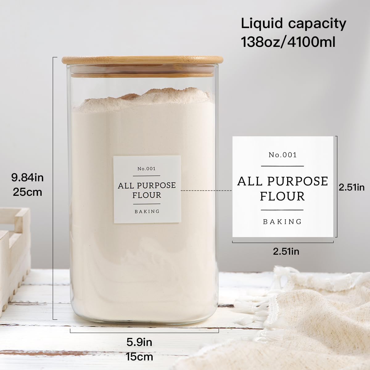 HHMJSM Large Glass Storage Jars With Airtight Bamboo Lid - 100 Fl Oz Thicken Kitchen Glass Food Storage Canister With 42 Pantry Labels - Big Clear Flour And Sugar Containers Farmhouse
