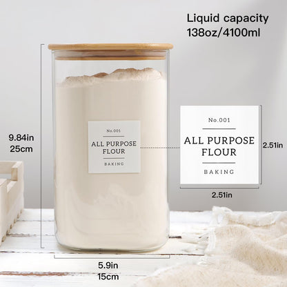 HHMJSM Large Glass Storage Jars With Airtight Bamboo Lid - 100 Fl Oz Thicken Kitchen Glass Food Storage Canister With 42 Pantry Labels - Big Clear Flour And Sugar Containers Farmhouse